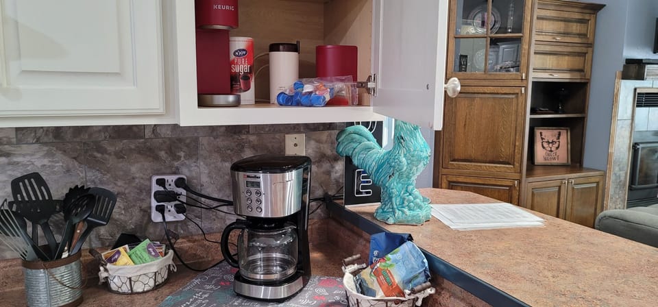 Beverage options include teas, kettle, drip coffee pot and Keurig. 
