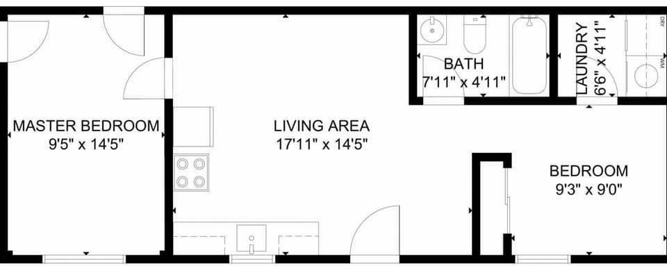This is the layout for the detached portion of the home, which includes one open sleeping area and one official closed sleeping area.