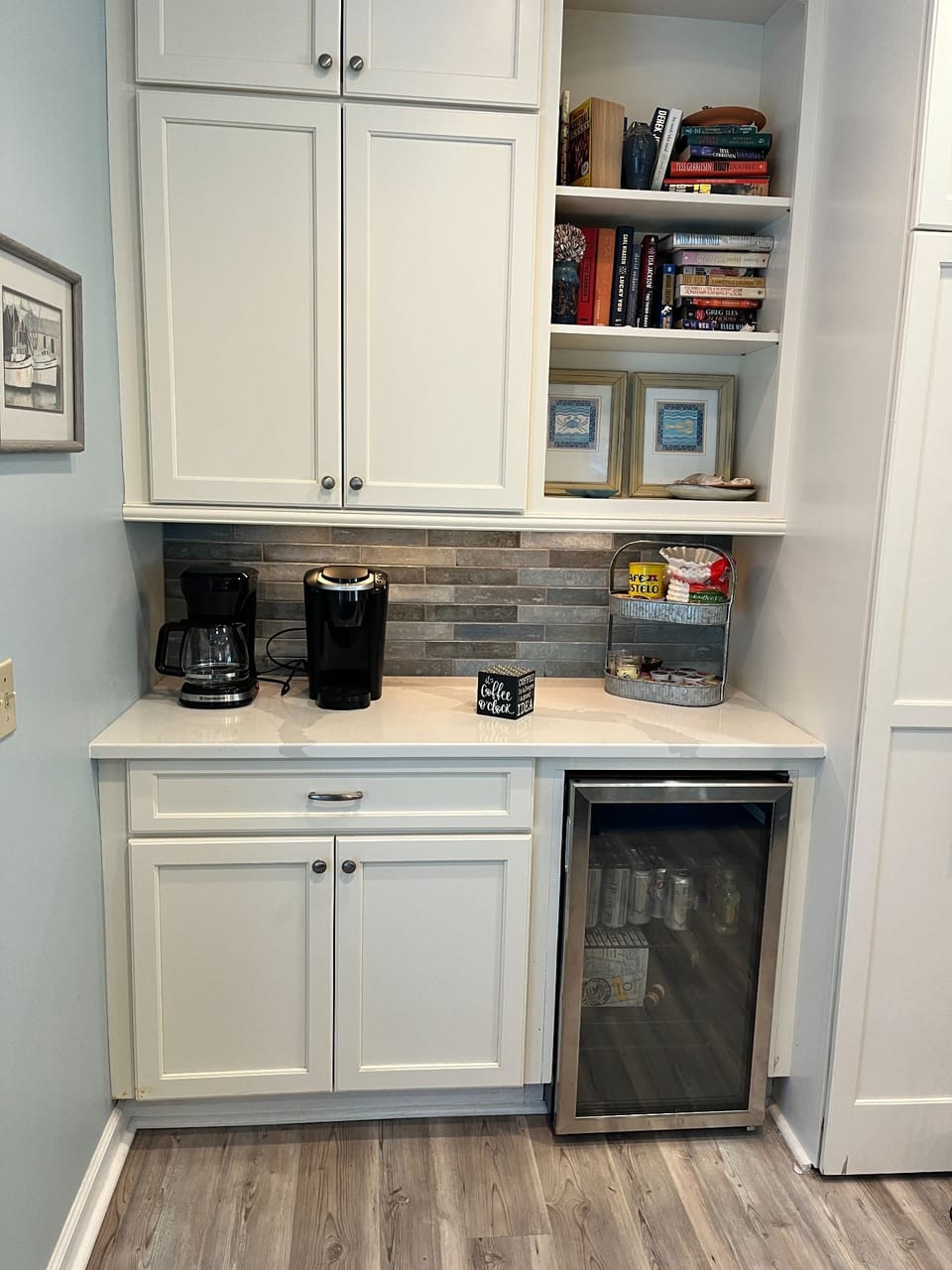 Coffee bar and drink fridge.