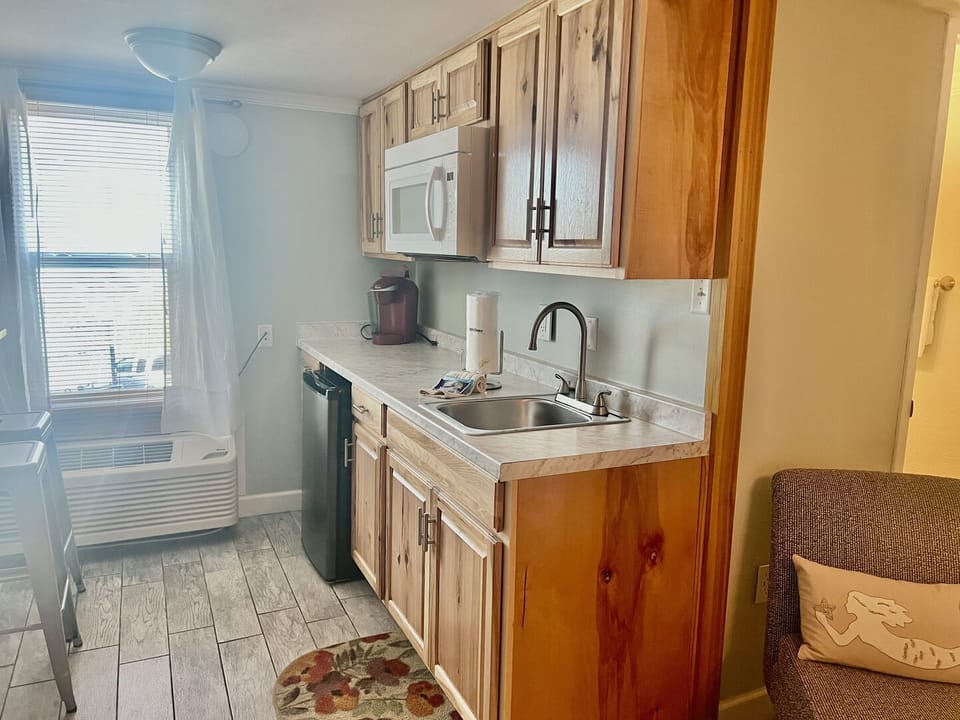 Studio condo equipped with a small kitchenette.