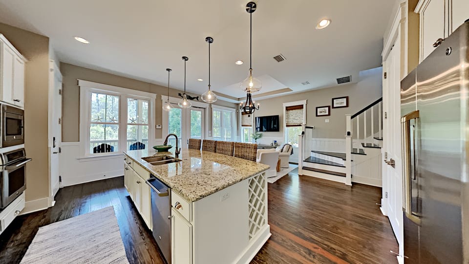 The fully appointed Kitchen includes all stainless GE appliances, a huge pantry and everything you will need on your visit - And the location in the middle of the screened in Back porch, the Keeping Room and the Dining Room will make sure you don't miss a thing!
