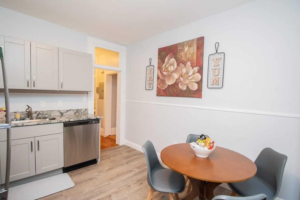 Kitchen, Dining Table comes equipped with some snacks and water upon move-in