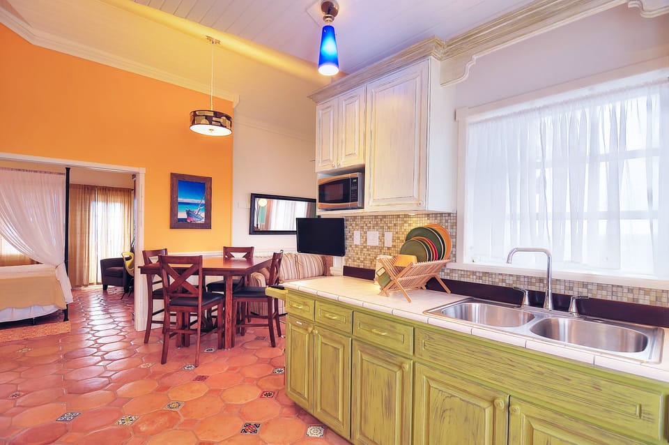 More kitchen views with master bedroom in background to the left.