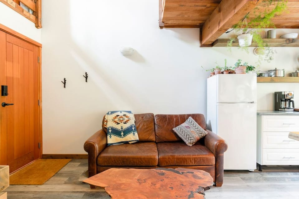 The leather couch is perfect for watching Netflix and can be pulled out to act as an extra bed.