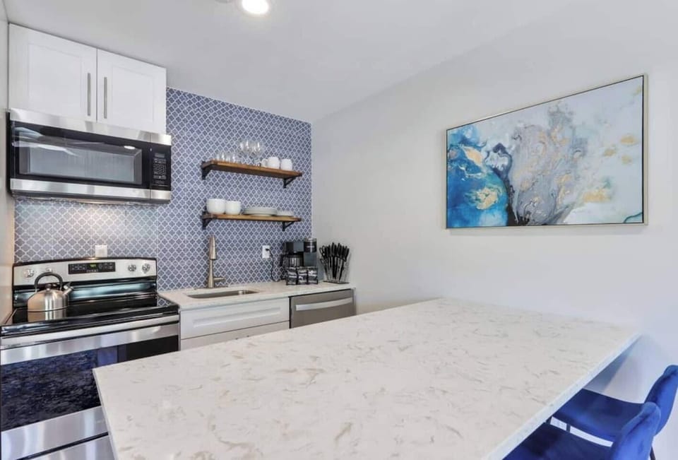 Granite countertop on kitchen.