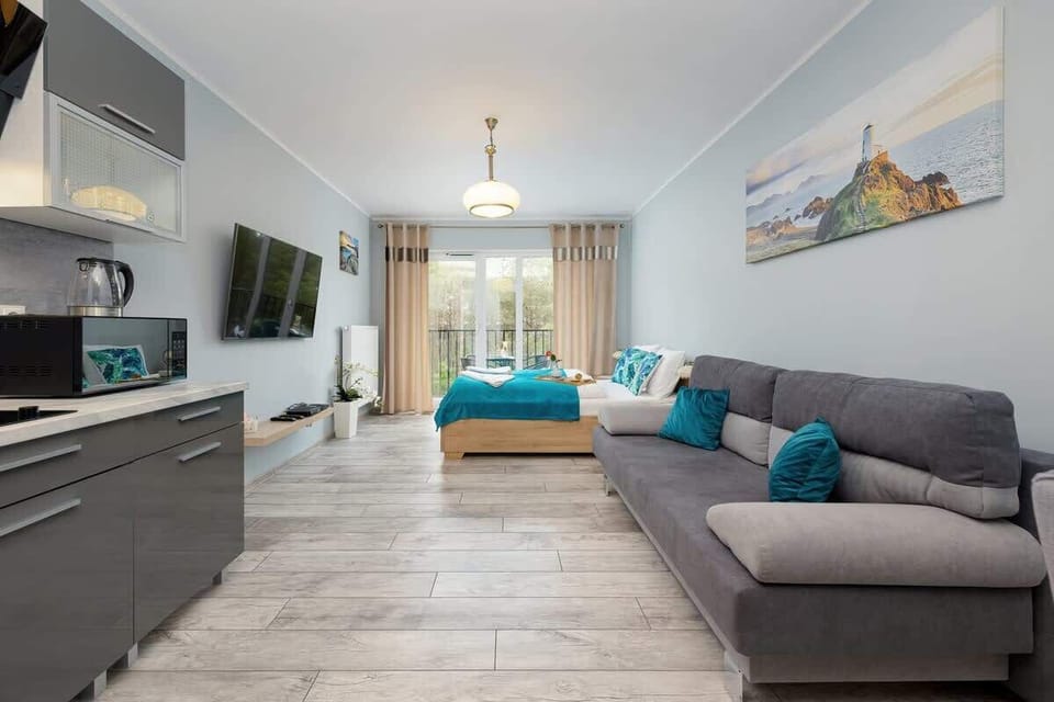 A modern studio living area with a sofa, flat-screen TV, and dining space.