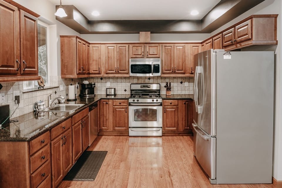 Indoors, Kitchen, Refrigerator, Hardwood, Microwave