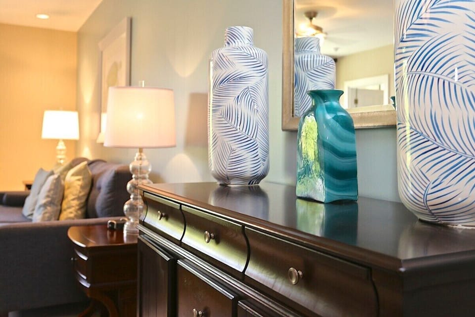The condo has muted, tropical decor throughout.