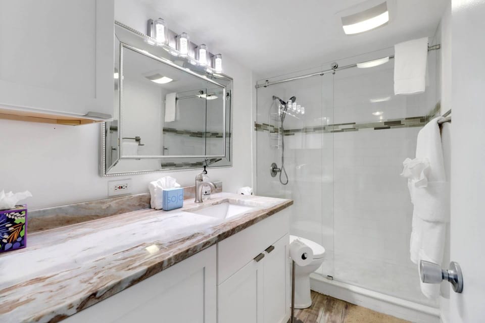 This beautiful bathroom features a spacious vanity counter and a large walk in shower.