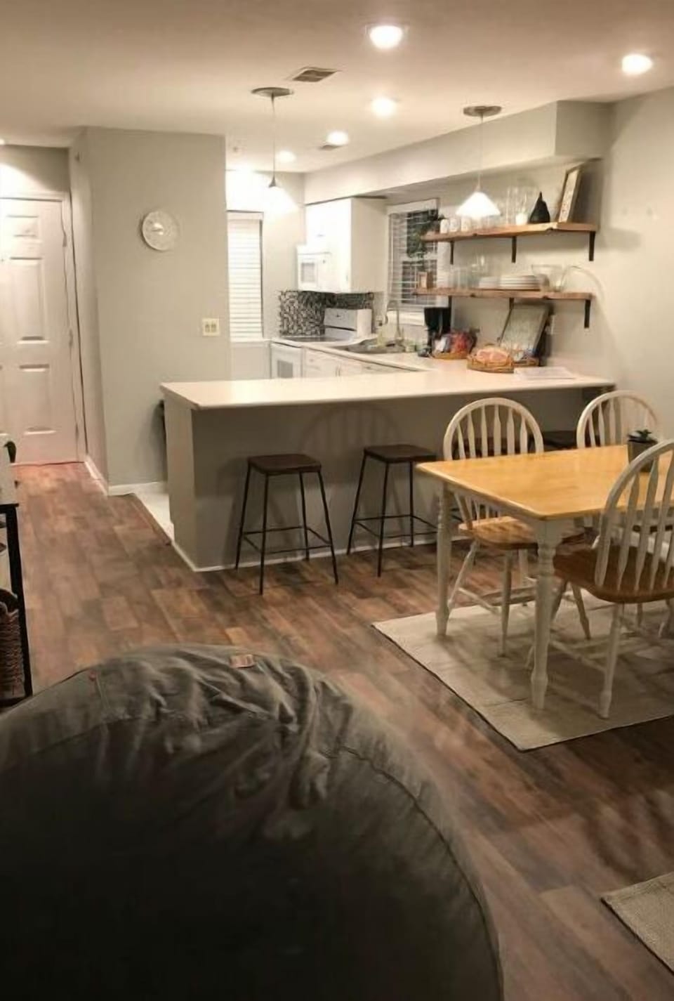 Kitchen and dining room. The bean bag unzips to a offer more bedding.