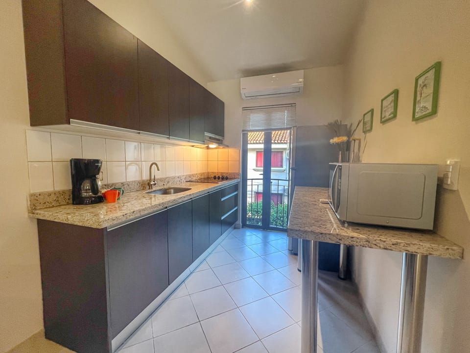 The galley kitchen has a ceramic cooktop and small appliances.