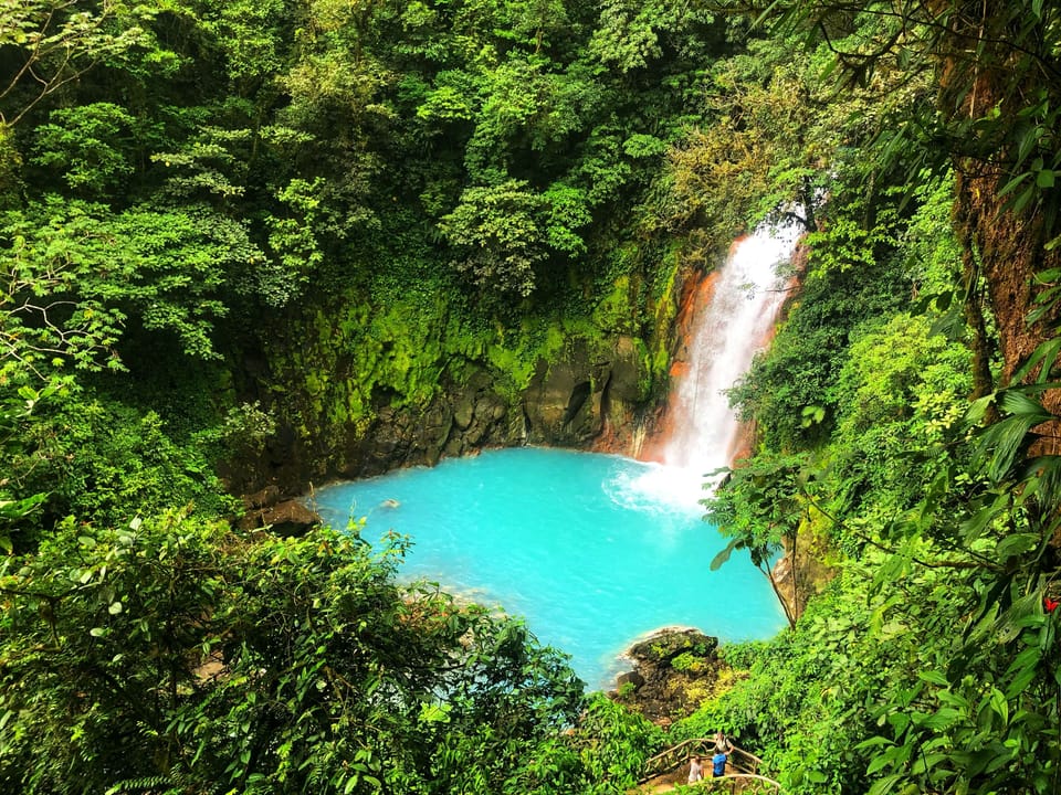 Beautiful Rio Celeste Waterfall, in Tenorio Volcano National Park, is a deep aquamarine color.  Visit as part of a full day tour to the area.  Ask us for options!