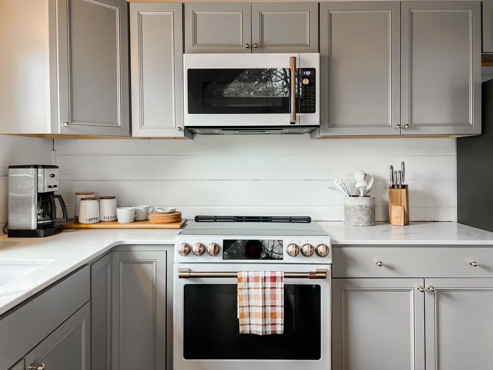New kitchen with beautiful GE Café appliances.