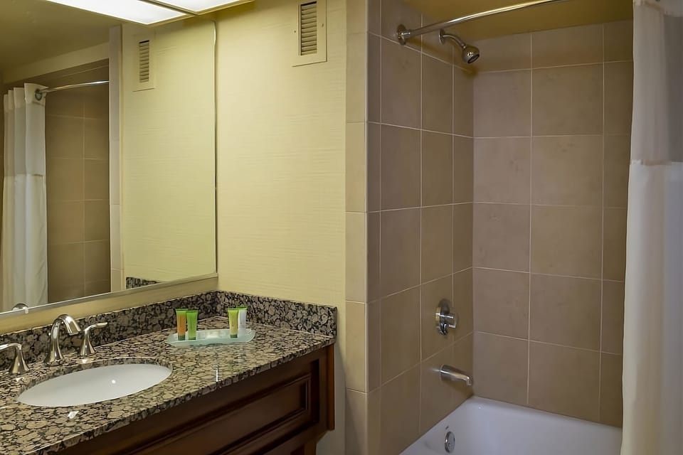 Full bathroom with a shower. Basic toiletries and towels are provided