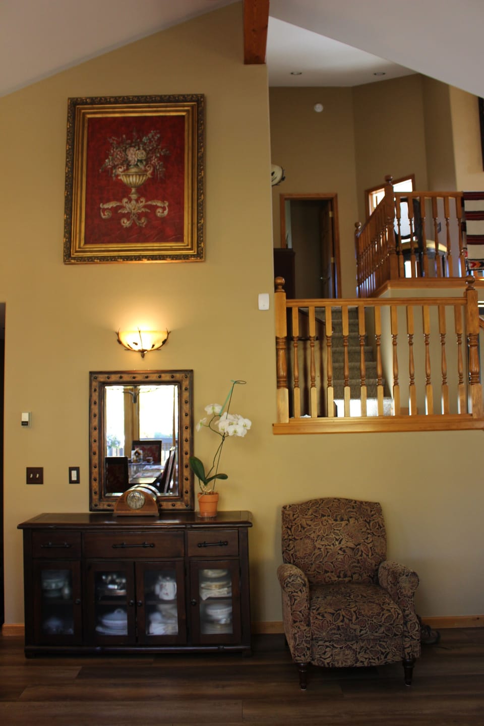 Great room open to loft, view from dining area.