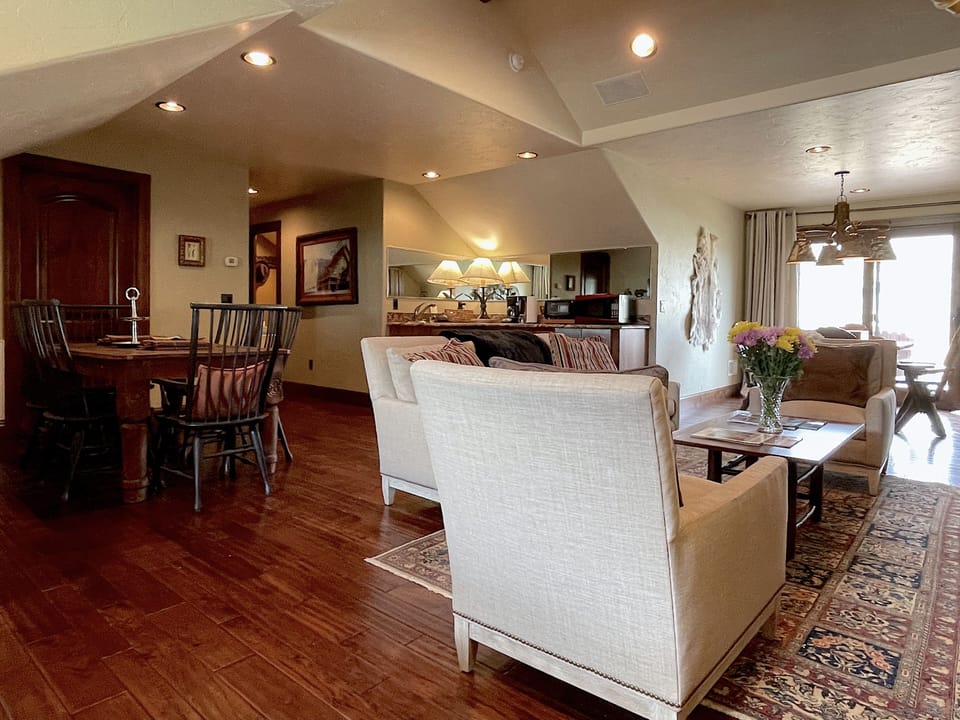 The studio has a warm and bright open interior