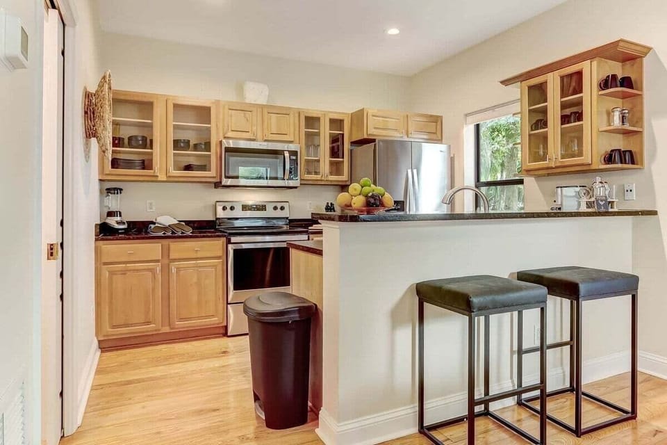 Two benches at the kitchen island.