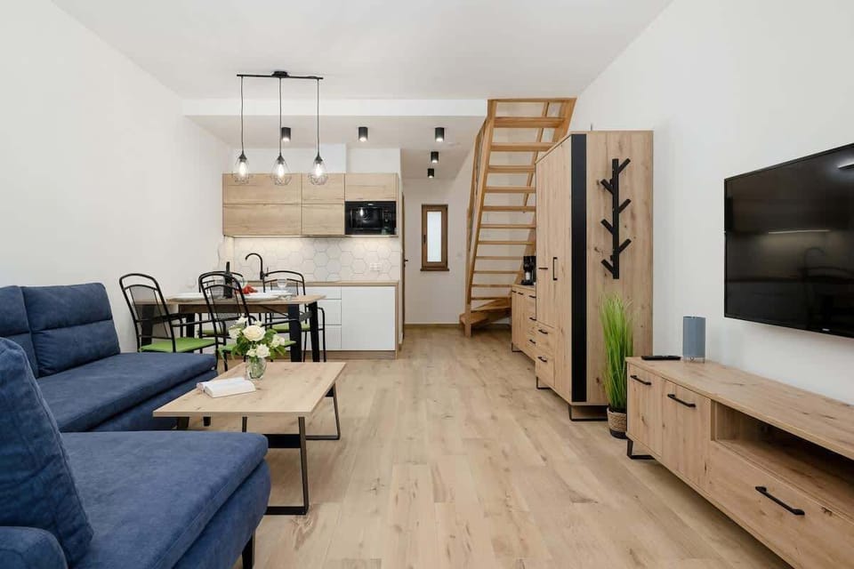 Living room with sofa bed, TV and kitchenette with dining area.