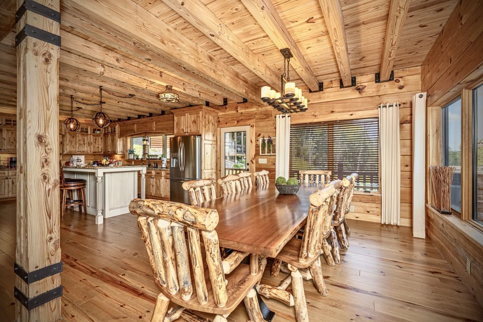 Locally custom made table w/seating for 10 (bar seating for 4 in the kitchen)