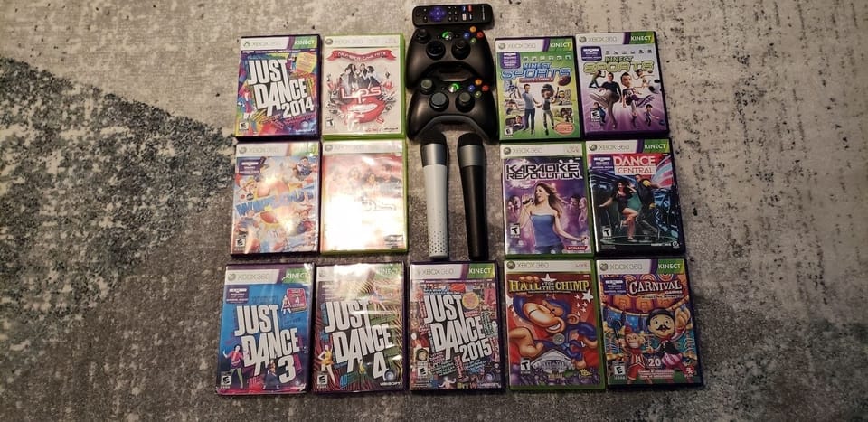 2 controllers, 2 microphones and multiple Kinect games.