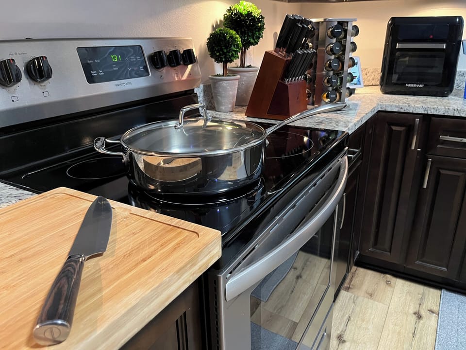 Cook up a storm: The kitchen features a quality pots and knives.