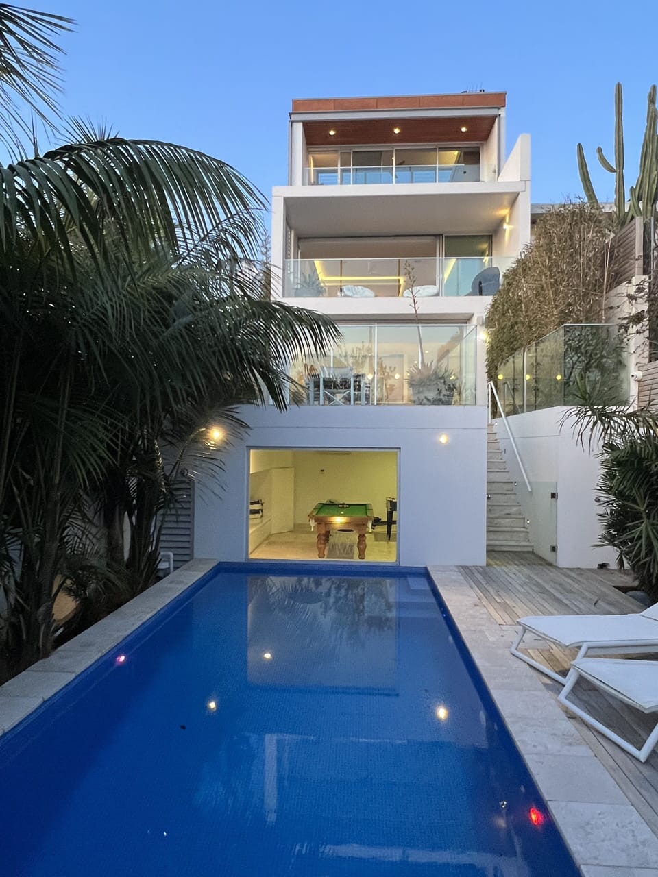 Twilight looking from heated pool and spa into Games room