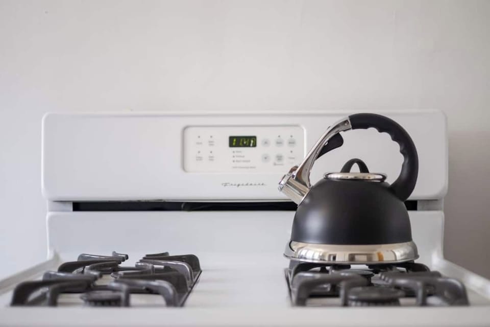 Tea kettle on stove.