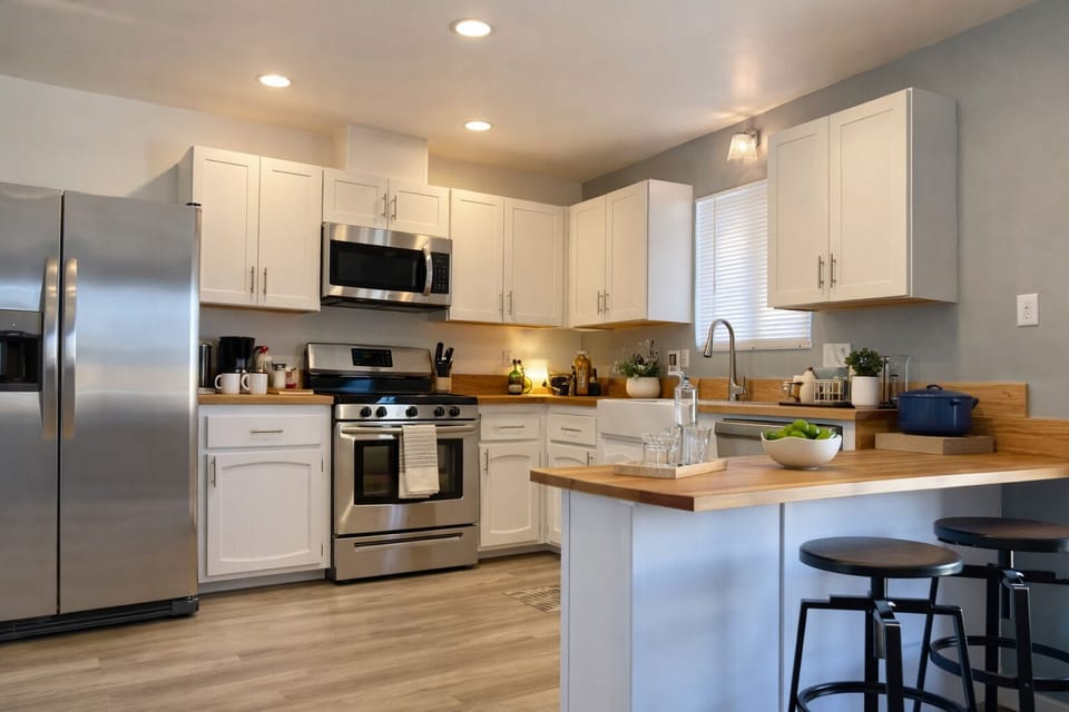 Kitchen island and cooking space perfect for home-prepared meals