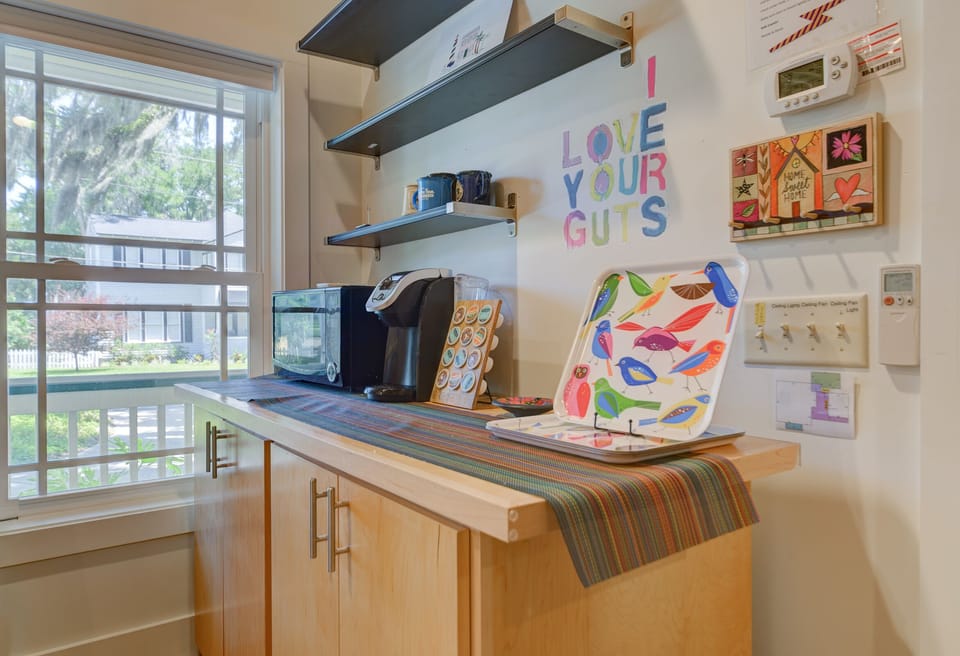 The studio features a Keurig coffee maker and a microwave for your convenience,