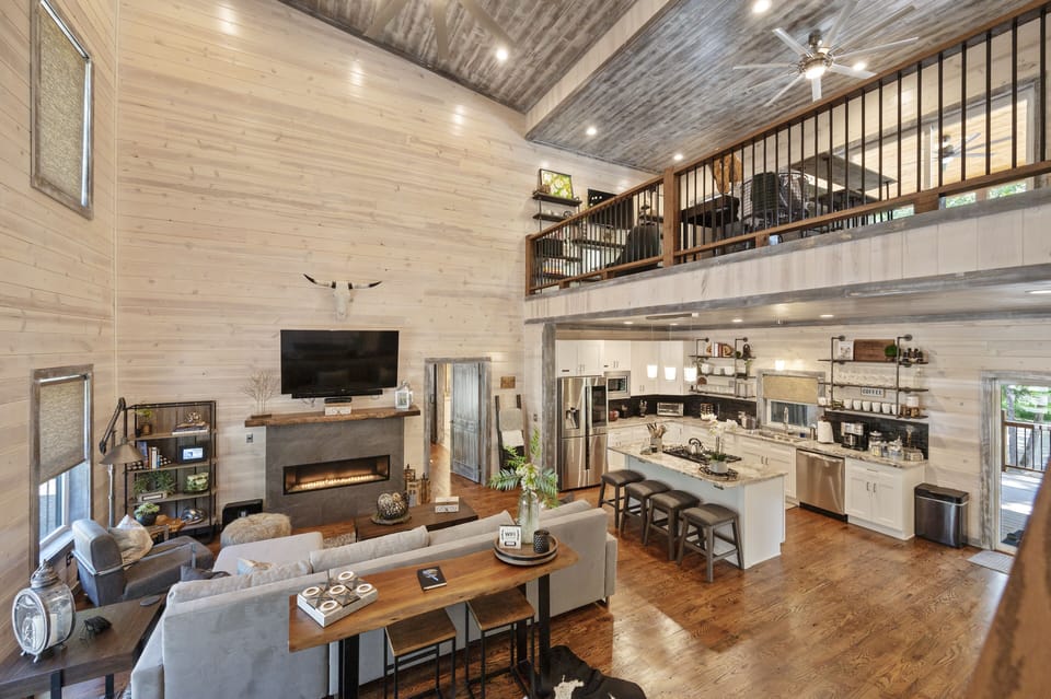 The living room seamlessly connects to the kitchen.