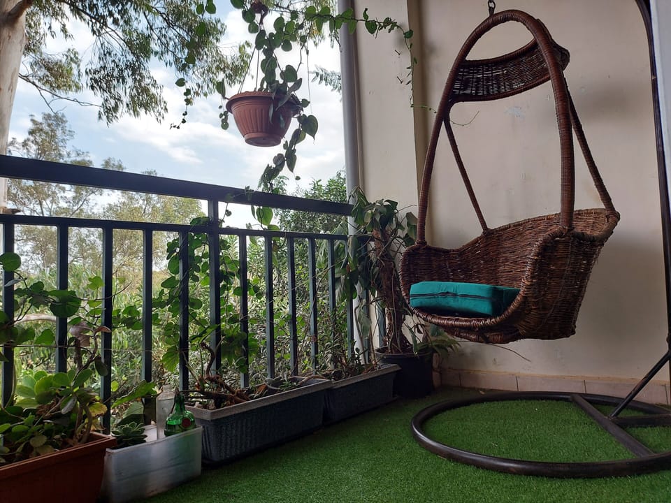 Single swing seat on the carpeted balcony surrounded by trees and plants 