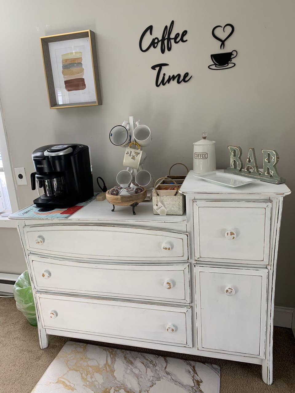 COFFEE BAR - near living room. Combo Keurig Kcups and grounds, creamer, sugar