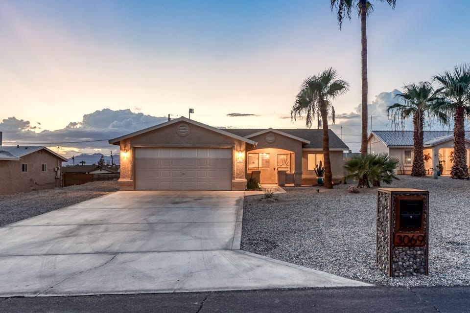 Large driveway with garage