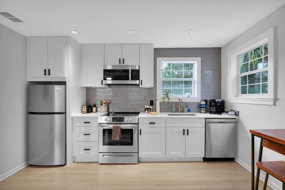 Fully-equipped kitchen for at-home dining.