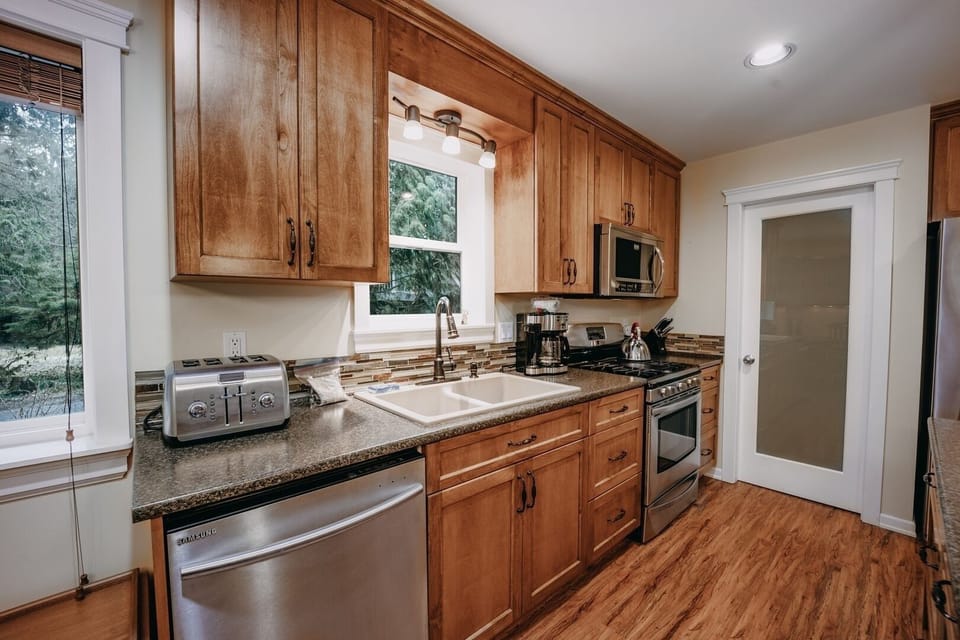 Indoors, Kitchen, Hardwood, Sink, Stained Wood
