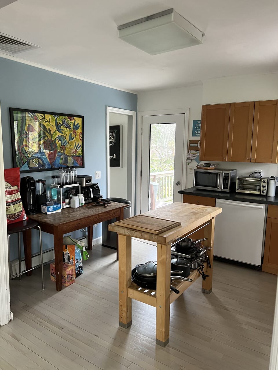 Kitchen with door exiting to backyard.