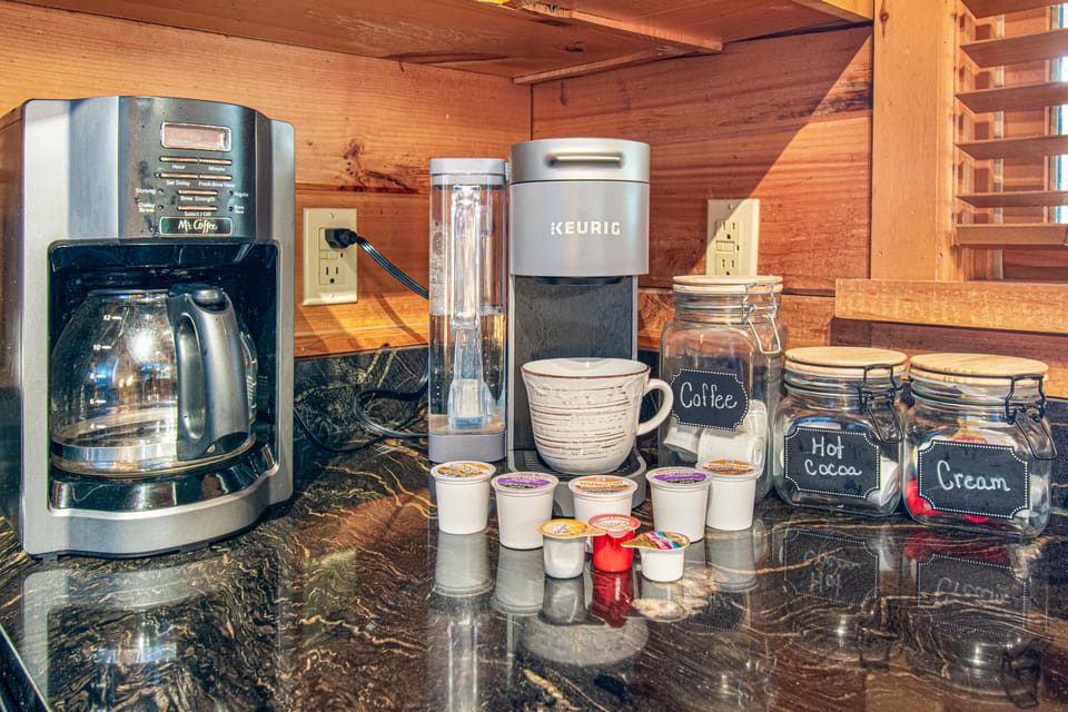 But First, Coffee! A Slow Drip Coffee Maker, Keurig, K-Cups, Creamer and Sugar