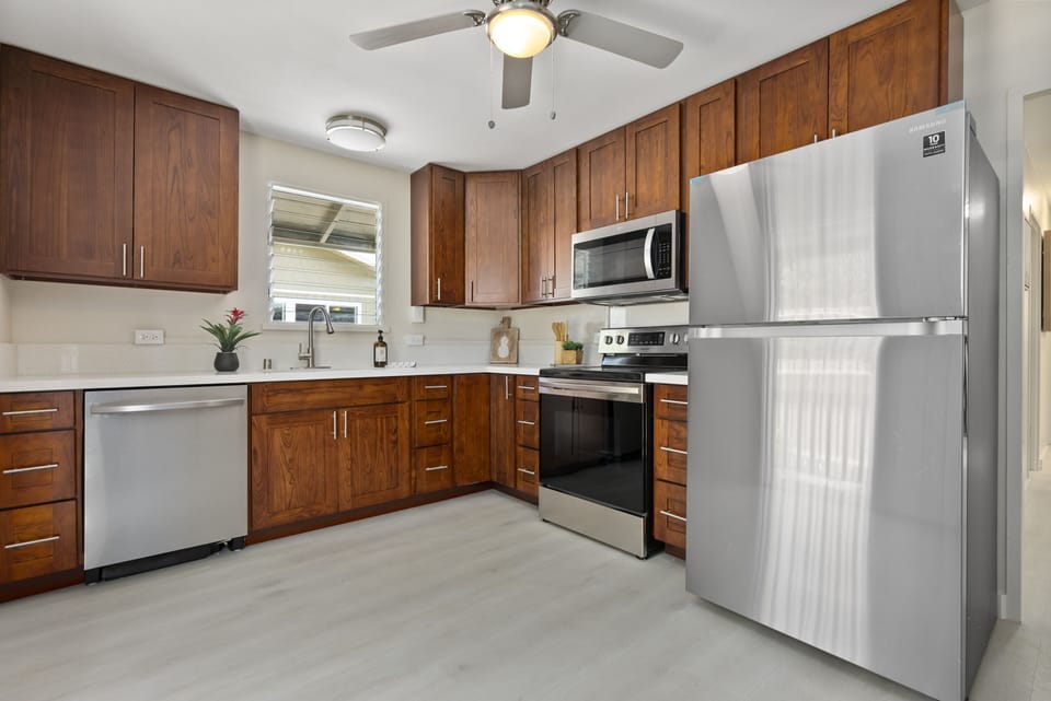 Cottage 1  Full-sized kitchen, dishwasher, stove and refrigerator.  
