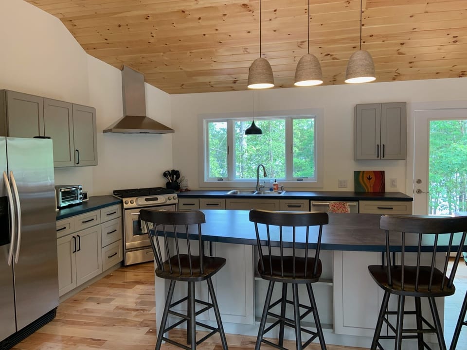 The kitchen and island.