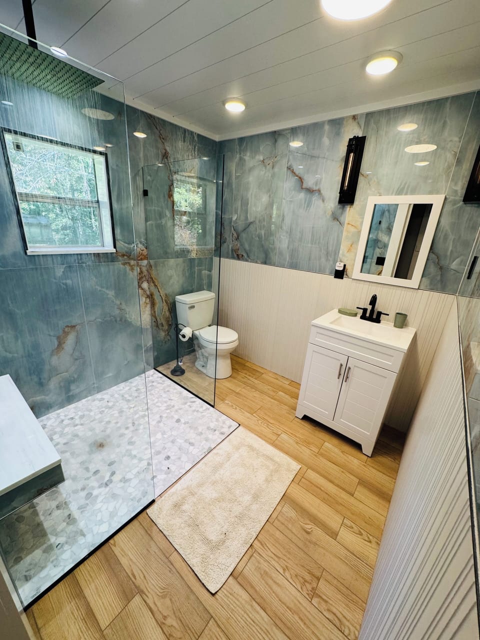 Bathroom on main level with rainfall shower