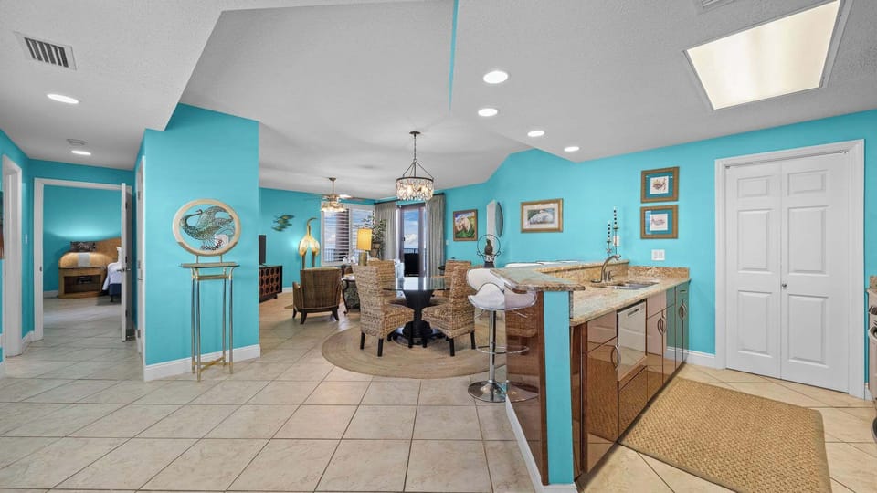Kitchen overlooks dining and living room