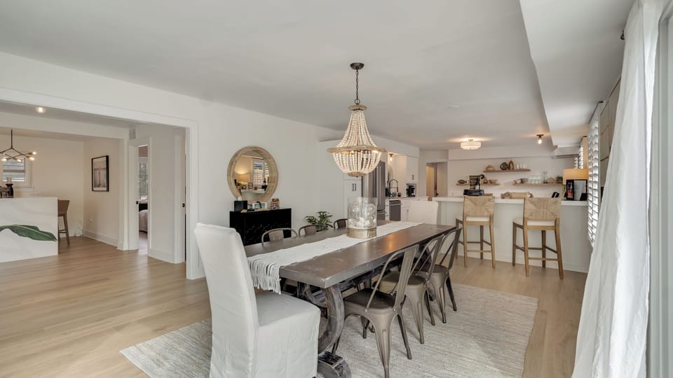 Large dining table with seating for 8