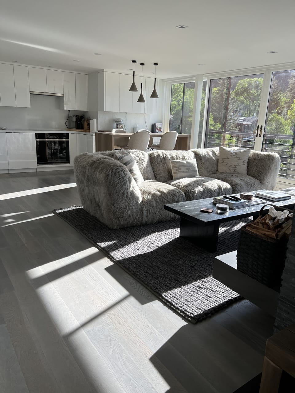 View from entry, living, kitchen and dining