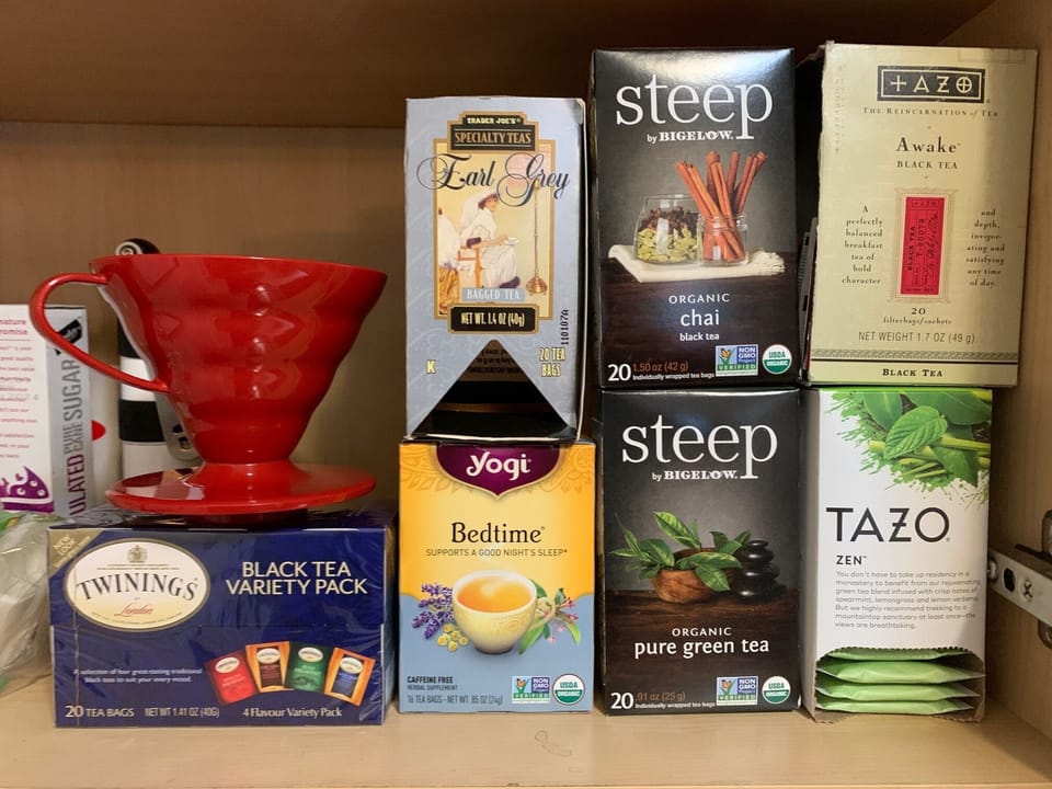 Pourover coffee and an assortment of teas provided.