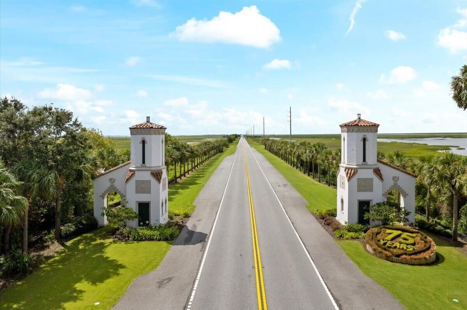 The ornate, Spanish- style towers at the causeway entrance