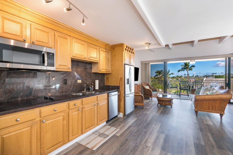 Kitchen area with view to the outside blue sky