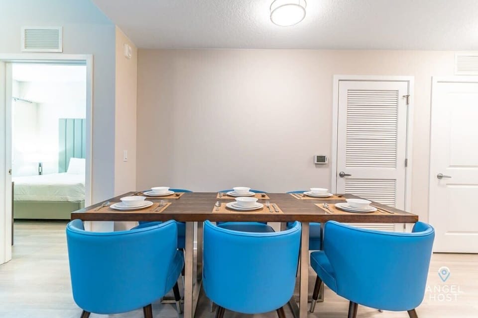 Comfortable dining table seating for six.