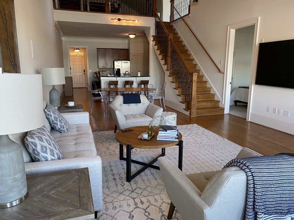 Living room from lake view windows into the condo