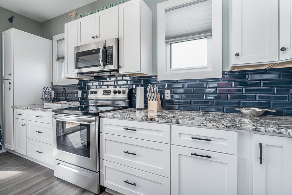 Large kitchen space for cooking or entertaining. 
