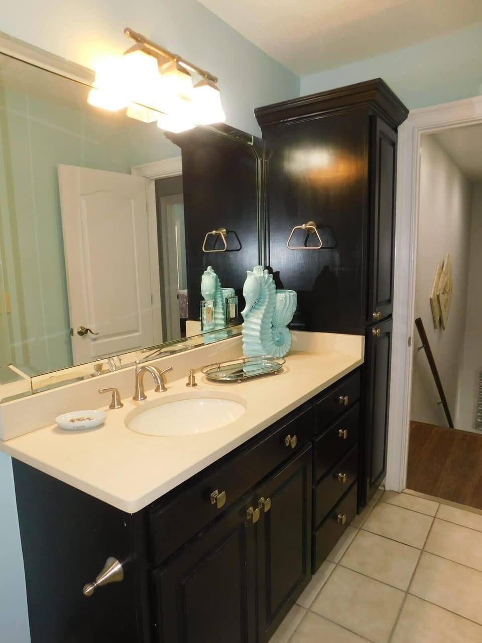 Bright, spacious bathroom with elegant dark cabinetry and ample storage